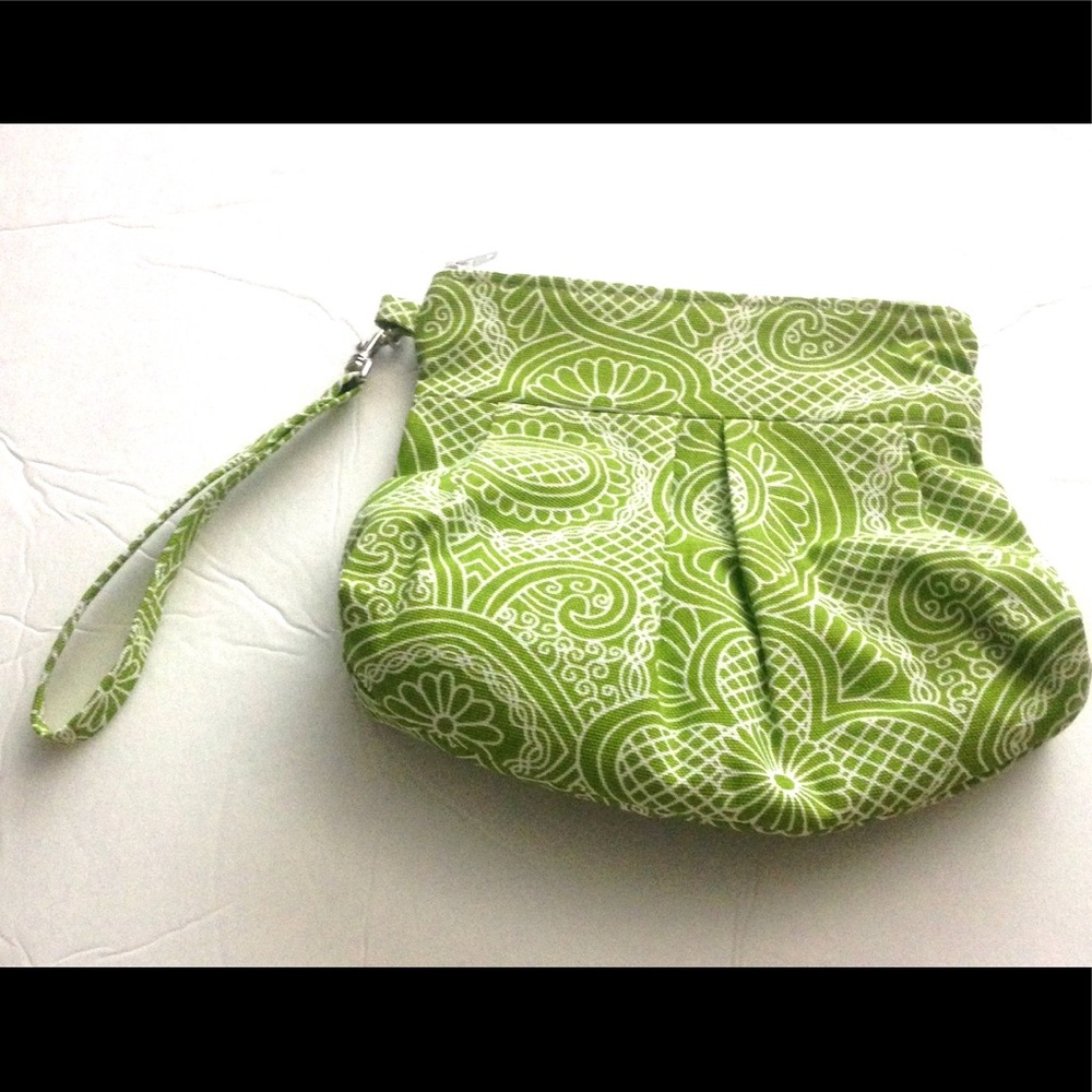 Retro style green mod print wristlet bag